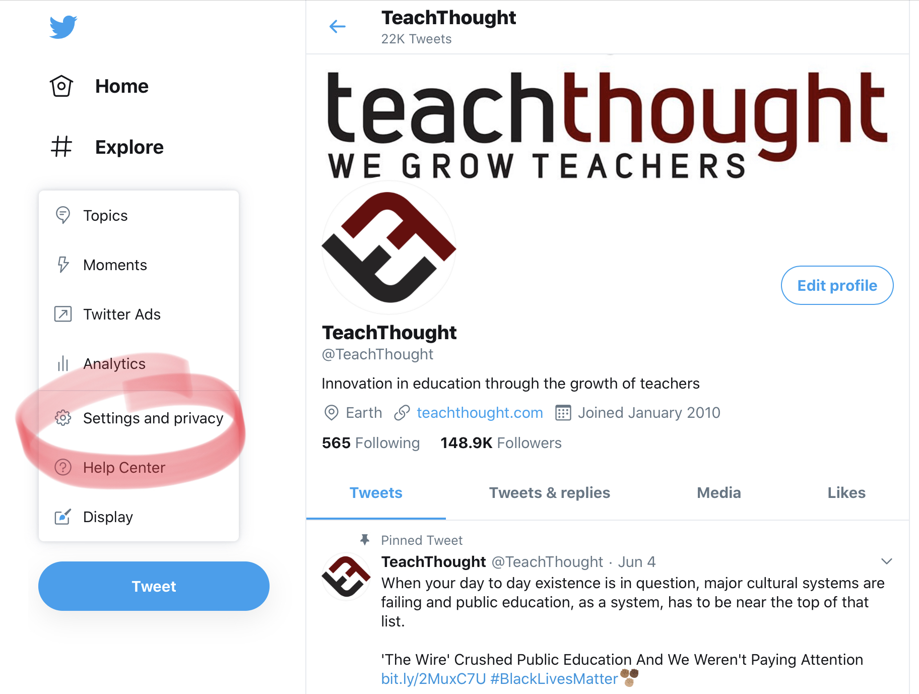 TeachThought Twitter menu settings and privacy